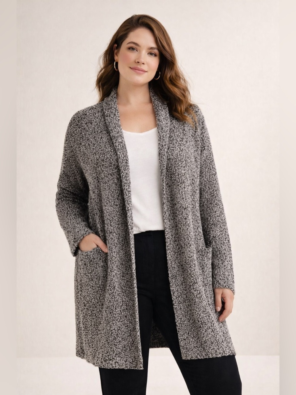 J Jill Pure XL Boucle Open Front Long Cardigan Duster Marled Cozy Pocket Sweater